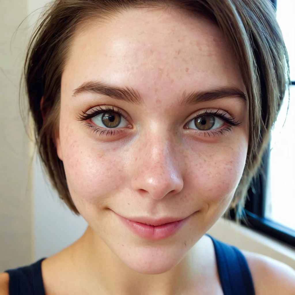 hyper detailed instagram selfie, a beautiful 18 year old woman, slight smile, detailed skin face and eyes, natural lighting, at school, short hair, wearing cute , film grain, low contrast, natural face, eyes, light brunette