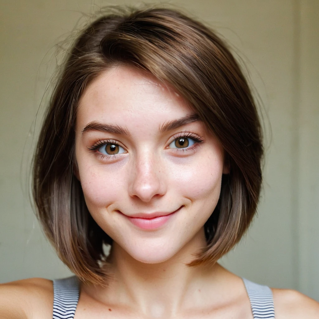 hyper detailed instagram selfie, a beautiful 18 year old woman, slight smile, detailed skin face and eyes, natural lighting, at school, short hair, wearing cute , film grain, low contrast, natural face, eyes, light brunette
