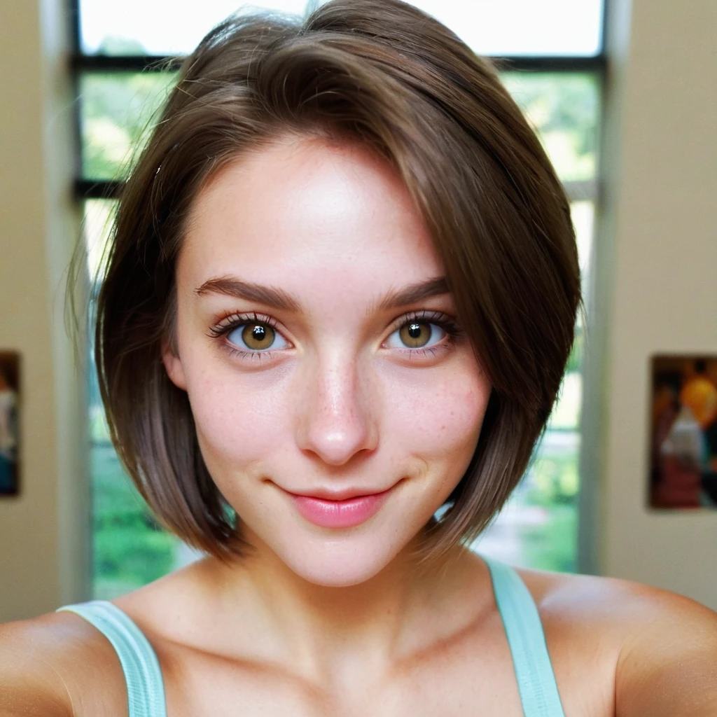 hyper detailed instagram selfie, a beautiful 18 year old woman, slight smile, detailed skin face and eyes, natural lighting, at school, short hair, wearing cute , film grain, low contrast, natural face, eyes, light brunette