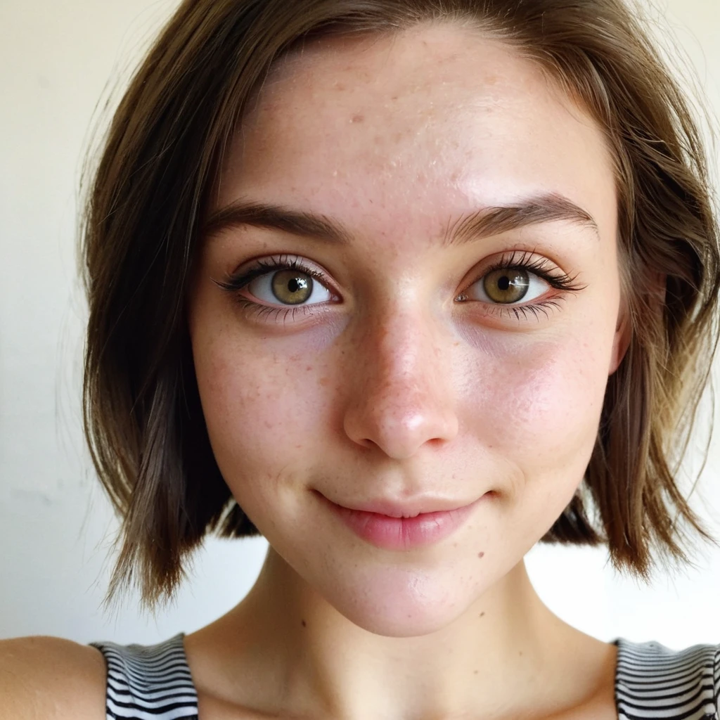 hyper detailed instagram selfie, a beautiful 18 year old woman, slight smile, detailed skin face and eyes, natural lighting, at school, short hair, wearing cute , film grain, low contrast, natural face, eyes, light brunette