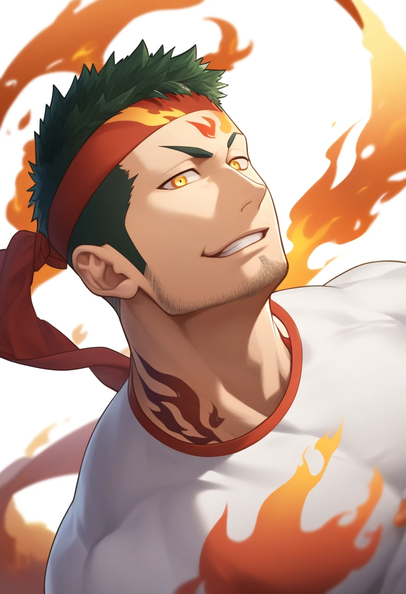 anime characters:Gyee, priapus, 1 young muscular man, male focus, Flame tattoo, sports Red headband, Creamy white spandex tight T-shirt, muscular male, muscular, only, Upper body, alone, Black short hair, stubble, Yellow eyes, White background, simple background, amazing quality, best aesthetics, Ridiculous, bright pupils, crew cut, naughty face, torogao, parted lips, best quality