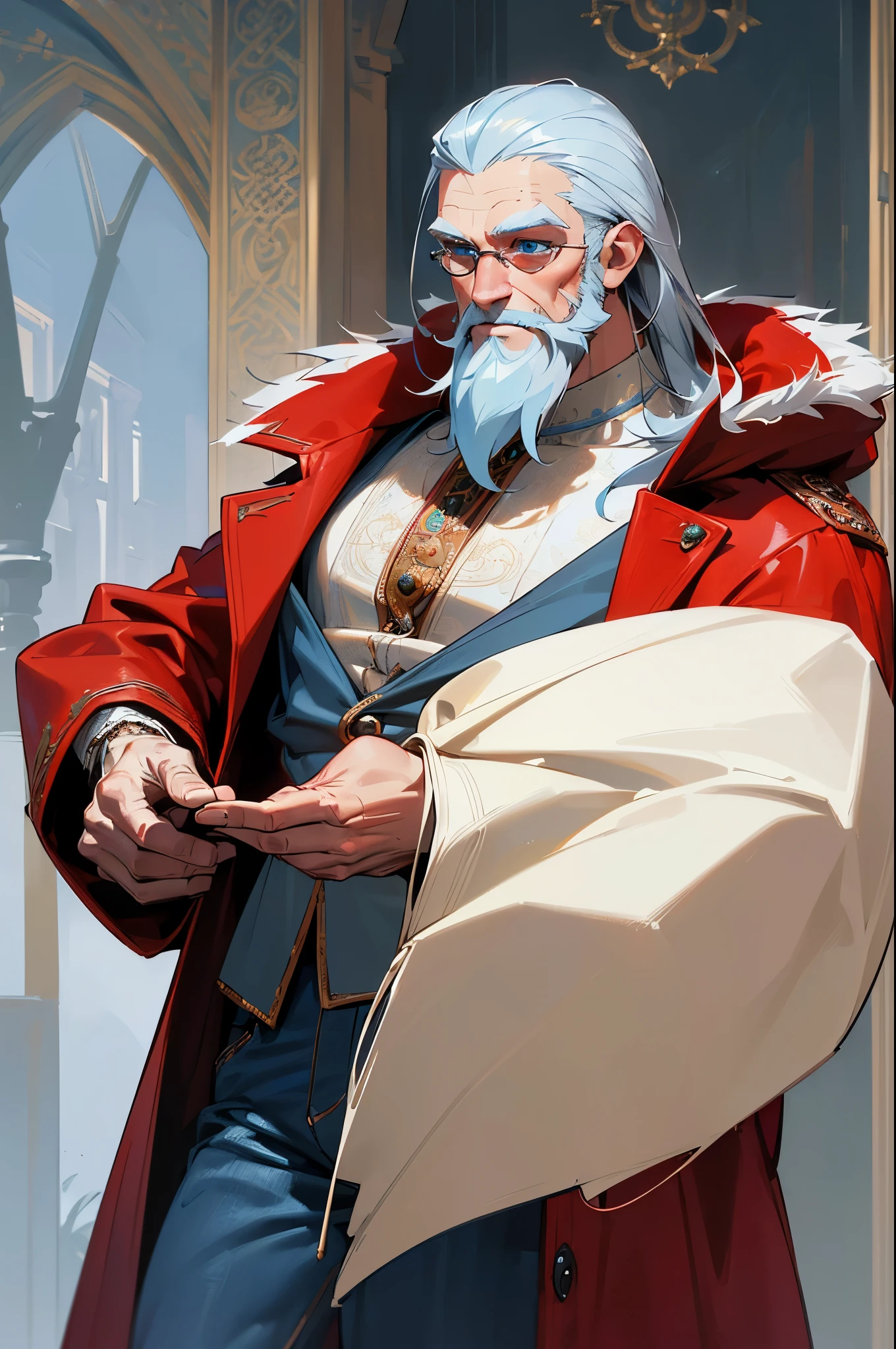 male, muscle, 1boy, big muscle, pectoral, big pectoral, muscular, Mature man,45 year old man,adult,1 man, old macho man,perfect body,an extremely delicate and beautiful detailed face, beautiful detailed eyes,long hair,(((white very short beard, silver very short beard))),(((blue_eyes:1.3))),intricate eyes,beautiful detailed eyes,symmetrical eyes, white hair,perfect face,silver hair,nice hair style,perfect proportions,thicc,((detailed face)),expressive eyes, Viking, barbarian,(open coat,european fashion,fur coat,jeans,white shirt, masculine features,modern style,winter clothes),(((red fur coat,red fur coat outfit,wearing a red fur coat:1.3,winter red coat))),((bulge in pants)),(((intricate outfit,intricate clothes,ornate outfit))), (dynamic pose:1.0),smiley,(centered,scale to fit dimensions,Rule of thirds), inside,indoor,((cozy gothic room)),scenery:1.25,((intricate scenery)),((winter decorations)),Christmas tree, (Glossy winter ornaments),highres,sharp focus,(ultra detailed,extremely detailed),(photorealistic artwork:1.37),(extremely detailed CG unity 8k wallpaper),(((vibrant colors,vibrant theme))),(intricate),(masterpiece),(best quality),
