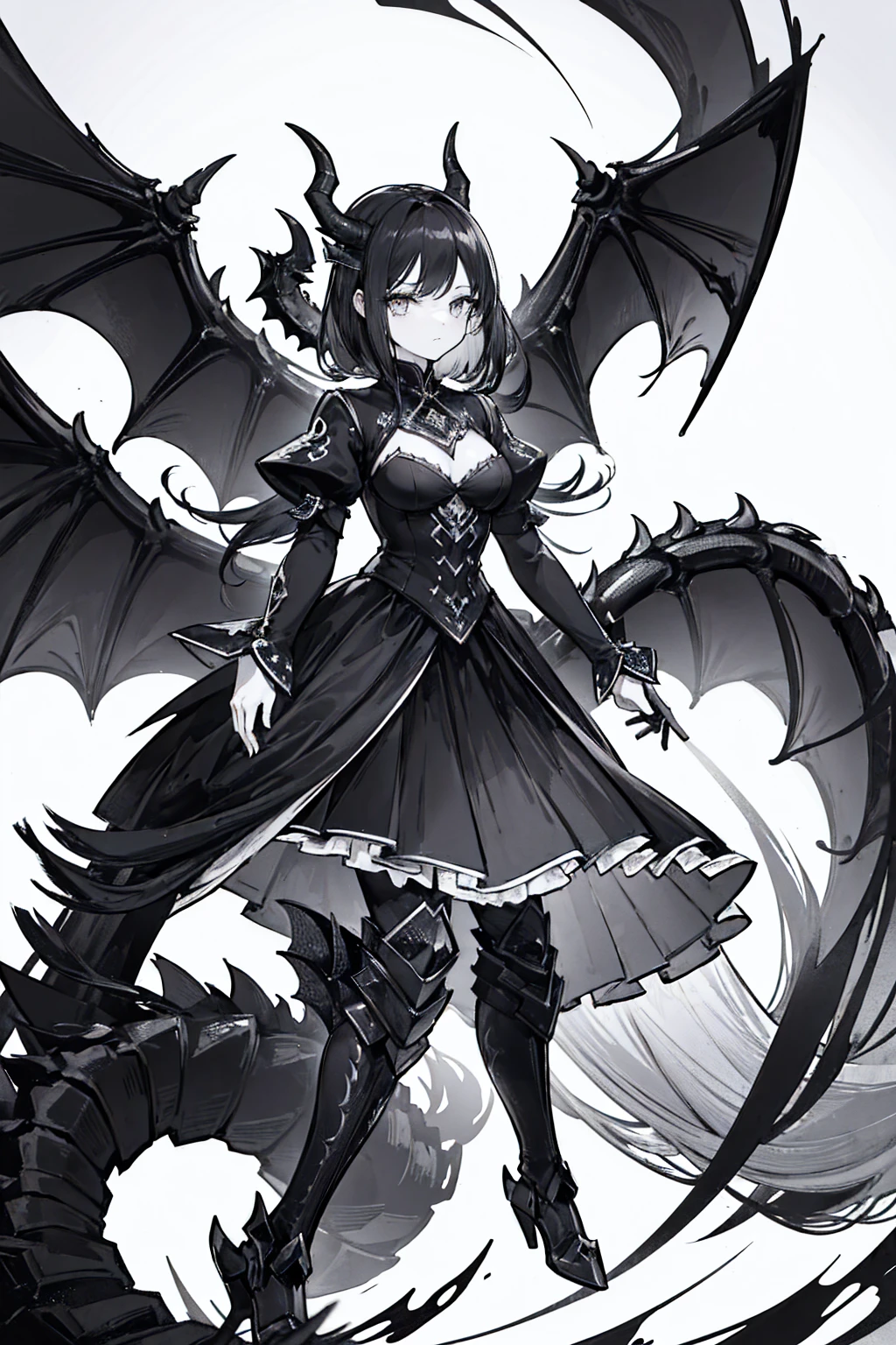 (masterpiece), hres, high quality, 4k, unity render, 1girl, solo, lineart, (monochrome:1.2), intrincate detailed,A dark-haired,Black Dragon Horn,black dress,Black Dragon Tail,