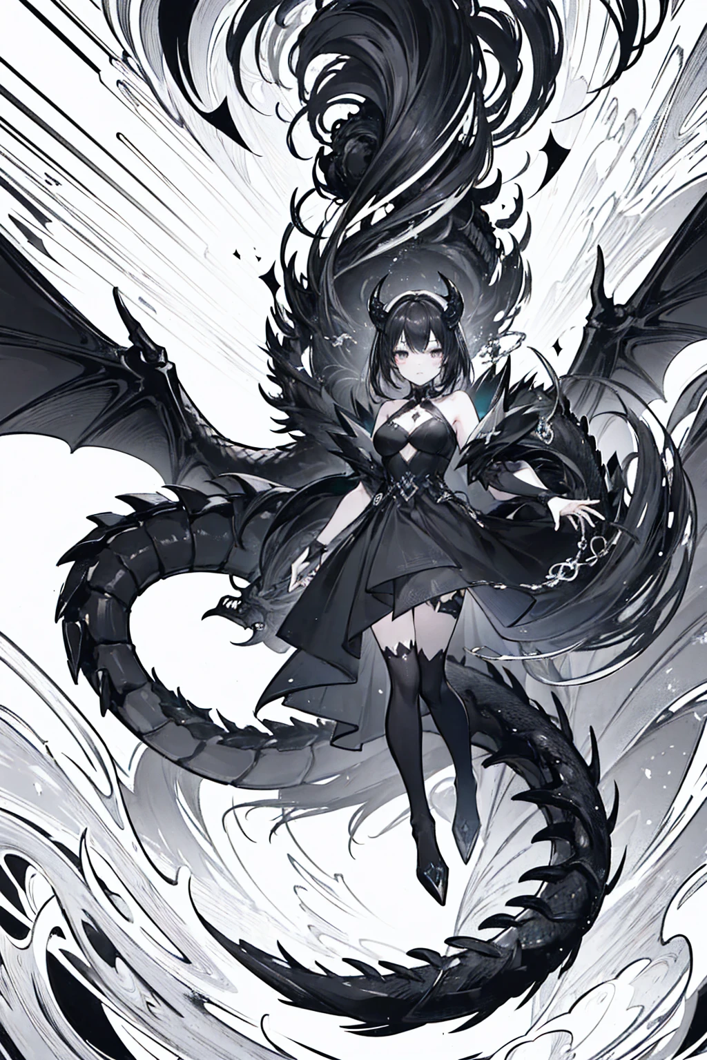 (masterpiece), hres, high quality, 4k, unity render, 1girl, solo, lineart, (monochrome:1.2), intrincate detailed,A dark-haired,Black Dragon Horn,black dress,Black Dragon Tail,