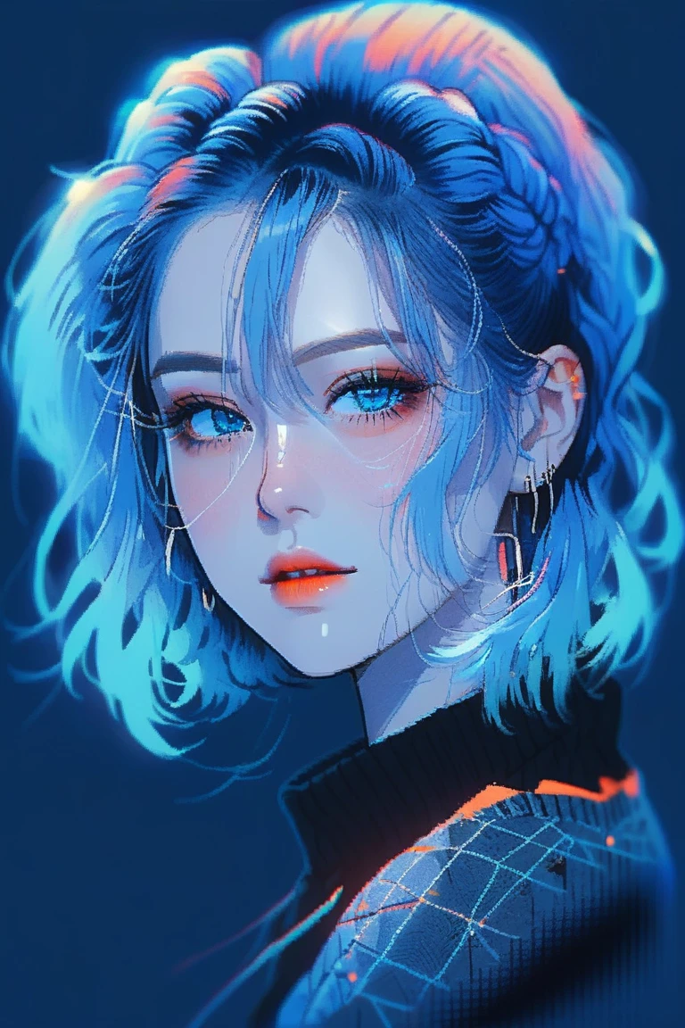 illustrator, anime , realistic ,sketch , 1 girl, ,lip, sweater,order, Blue gradient background, neon hair,Textured trim, Canadian, (masterpiece,Best quality) ganyou