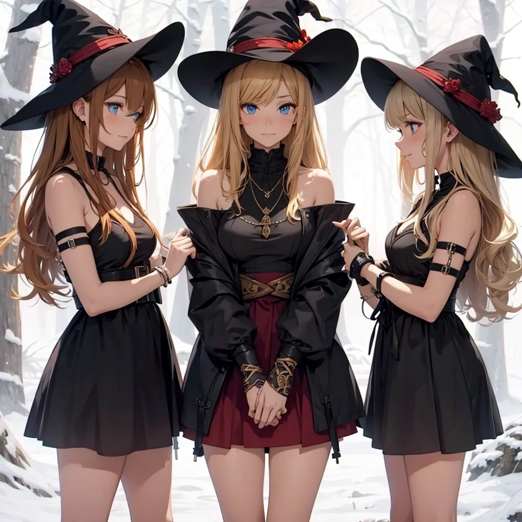 a group of beautiful witch girls in the middle of a forest in the night, tribal tattoo ,multiple girls, red and blonde hair , standing girl young girl, gloves, elbow pads, boots, smiles, small breasts, long black dress, necklaces, jewelry decorations , blonde hair, blue eyes, full body,