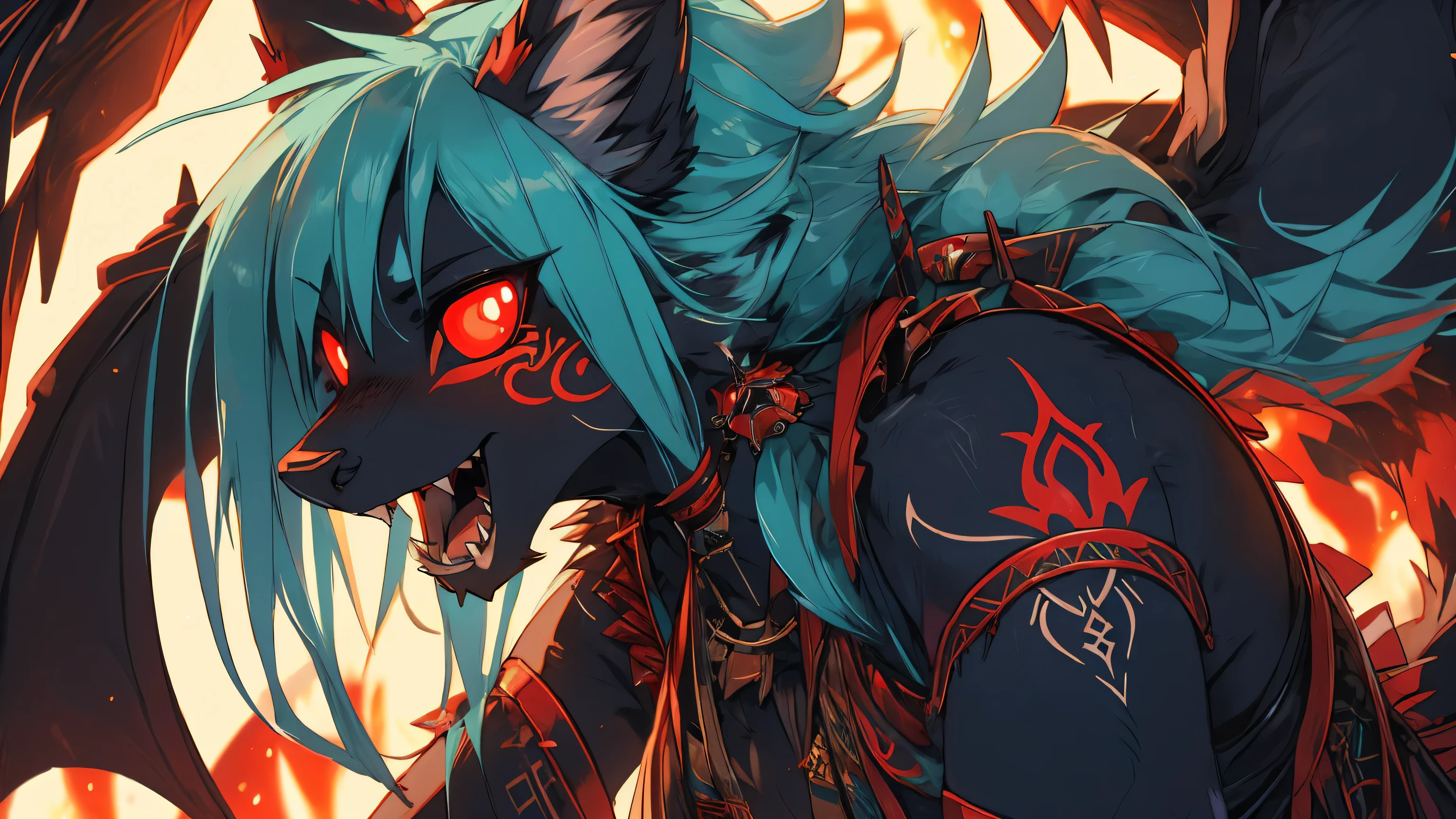 Miku Hatsune, add high definition_detail:1, blue fur,kitsune ears, tribal tattoo add_detail:1, in hell add_detail, diabolic girl, batwigns add_detail Ferocious fangs, sharp fangs,