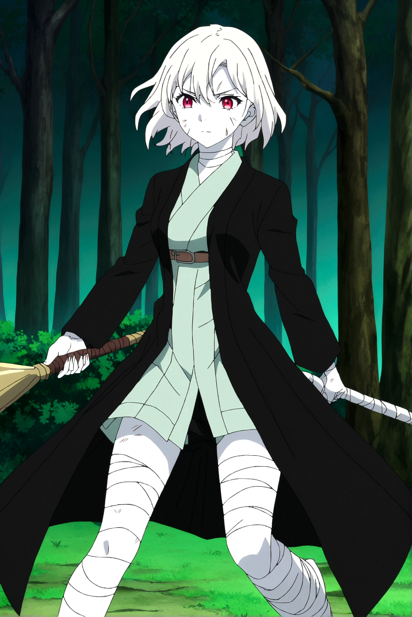 Demon slayer screencap of a female with White skin, red eyes with black, short black and white hair. The setting is dark, a dark forest. She is no wearing a kimono, her hunter uniform has an opening in the stomach and back with markings. She is using a long lance, she has bandages on her legs, arms and neck and injuries on her face. Ufotable studios season 4 screencap.