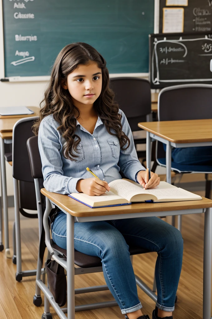 Pregnant ager Teengirl with dark brown curly hair, sitting in her chair receiving classes in the classroom while taking notes and only her and the classroom blackboard are shown