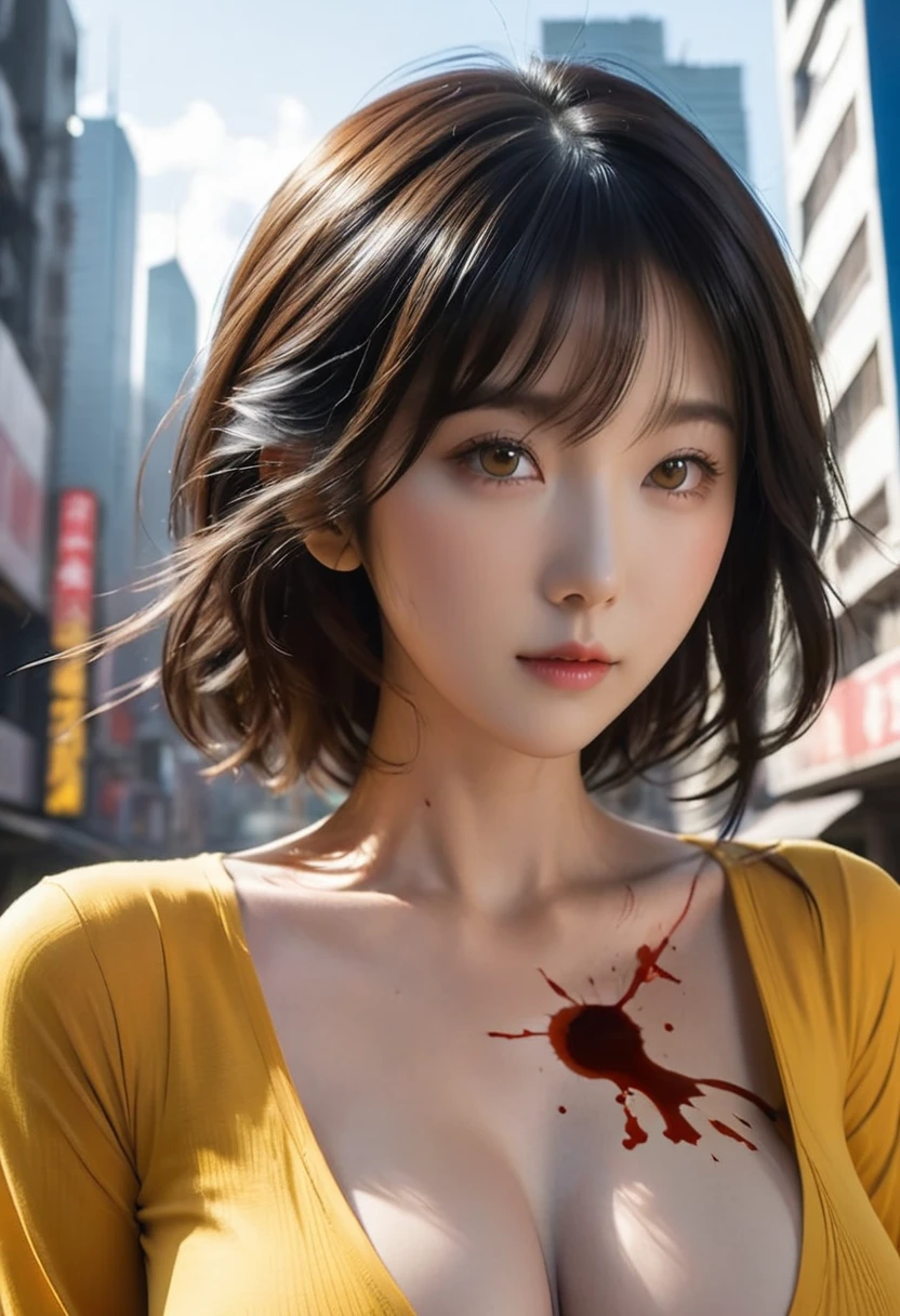 ((1 GIRL)) ((Hyper realistic 10k,asian girl)), ((Japanese)) (( physically mature female)) (( average sized breasts)), 25-year-old, ((super realistic anime girl)), ((short dark-haired)), ((windswept hair)) ((ultra high quality))((flawless))((4k UHD)) ((Best Quality)) ((Daytime)) ((eyes glowing yellow )), wearing a ((black long sleeve shoulderless, blank T-shirt))((no logo)) wearing ((blue jeans)) and black and yellow sneakers with (((blood splattered))) on it and her face, standing in the street ((facing front and center toward the camera, looking into camera)) in a ((ruined city)) filled with ((heavily damaged)) and worn (( tall skyscrapers with gaping holes in their structures while on fire)) and ((crushed vehicles on fire)) and small and ((raging fires all around)) and an ((intimidating)) look on her face, with a giant monster kaiju-beast in the distance looking furocious.