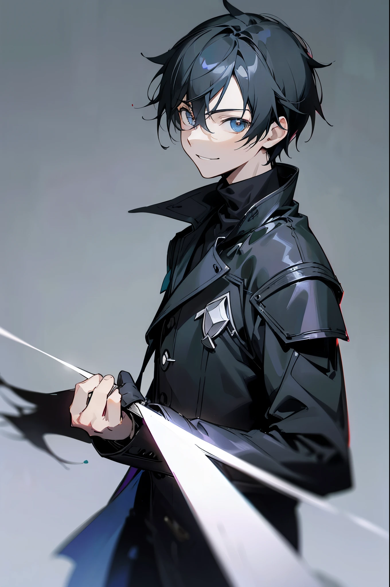 Kirito, anime style cool guy, sword art online, black slim armor, black trench coat, 1boy, looking at viewer, standing, thinking, smiling, upper body, ultra-detailed, Simple background, high quality, high resolution, masterpiece, best quality, (extremely detailed CG unity 8k wallpaper, masterpiece, best quality, ultra-detailed, best shadow), (detailed background), (beautiful detailed face, beautiful detailed eyes), High contrast,
