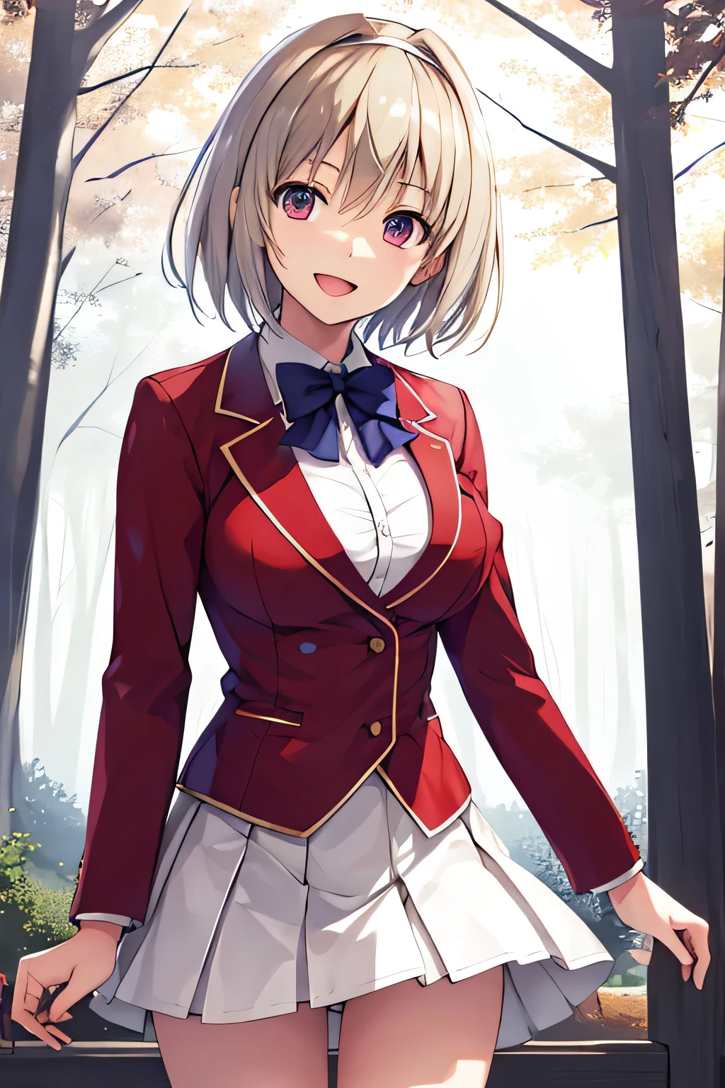 masterpiece, Highest quality, High resolution, Akio, short hair, Hair Intake, White hair band, Blue bow tie, Collared shirt, blazer, Red jacket, Long sleeve, White Skirt, Pleated skirt, Black socks, Cowboy Shot, Are standing, Outdoor, straight, Place your arms at your sides, smile, Open your mouth,