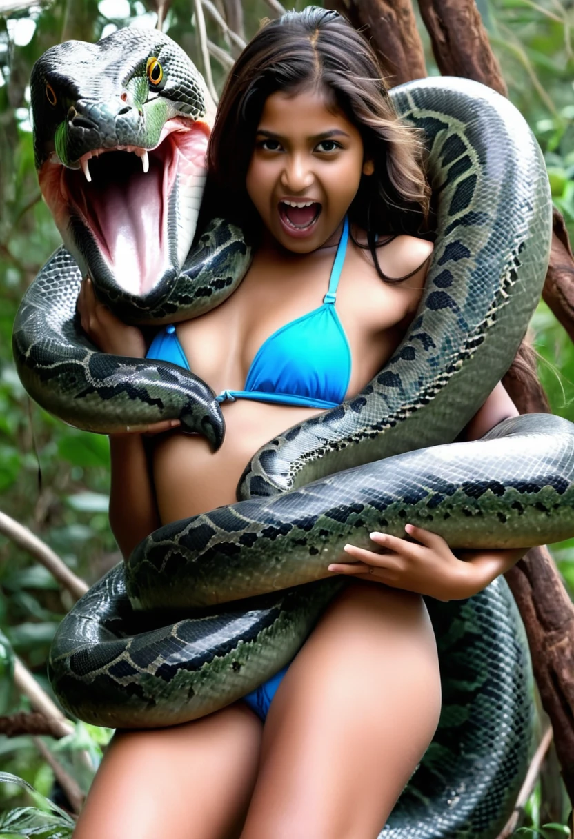 Happy Horny, aroused 1girl), beautiful  bikini wearing Indian  young  girl with  giant colossal Kaa monster squeezing her hard, wrapped in thick spiraling coils, constricted, struggle, gasping for air, snake attack, snake peril,