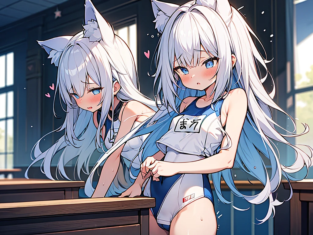 (Highest quality), (High resolution), (masterpiece), (Very detailed), Wolf Ear, Silver Hair, Long Hair, Bright Blue Eyes, One Girl, Silky skin, Shiny skin, Athletic build, blush, Heavy breathing, chest, Fully dressed in school swimsuit, Front view, Perfect composition, (Bright saturation), The corner of the desk is glued to his crotch, Standing on tiptoes, Dripping love juice, Heart Pupil, Expression of pleasure, Trembling with sexual climax, Heavy breathing