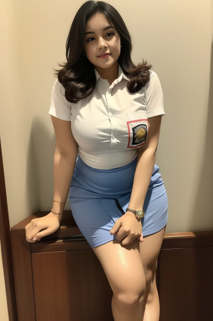 1girl, solo, sensual woman, close up, birght lighting, (Indonesian_high_school), semi-curvy body, standing, indoors, detailed face, detailed eyes, unparalleled beauty, looking at the camera , thick breasts, detailed skin, muscle legs, muscle arms, six pack belly, looking at the audience,wearing short skirt, wearing tide shirt, (8k, RAW photo, best quality, masterpiece: 1.2), (realistic, realistic: 1.37), ultra-high resolution