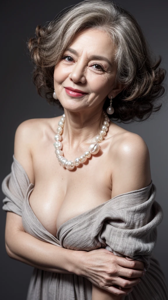 Beautiful elderly woman, cute,sexy,55 years old,,sexy,Wear a pearl necklace, old woman,Big saggy  Breasts, Curly Hair, plain grey background