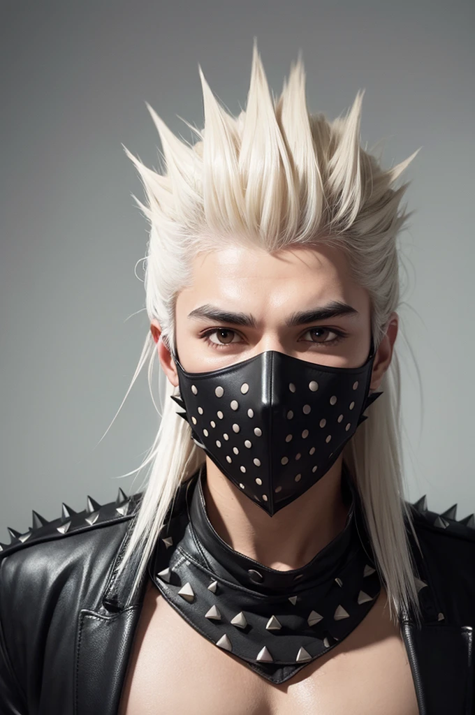 Spiky hair down , black mask with a white dot on the nose red pectoral 