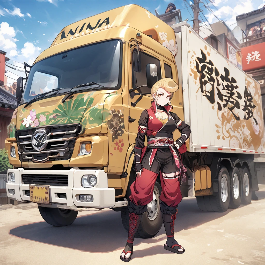 Blonde pompadour, ninja outfit, decorated truck