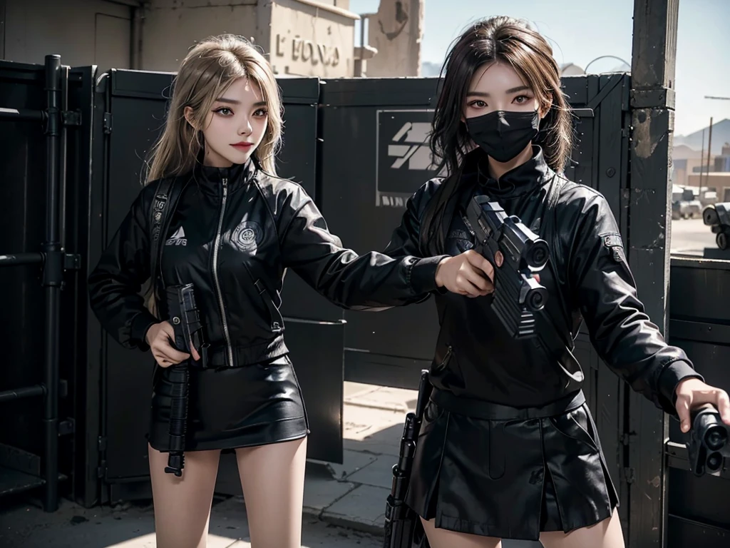 A black sun protection suit,Black miniskirt,Black sneakers,Wear a black mask,Teenage girl with blonde hair,(((aiming at viewer,holding pistol,handgun))),,Smiling emoticon,Desert town background
