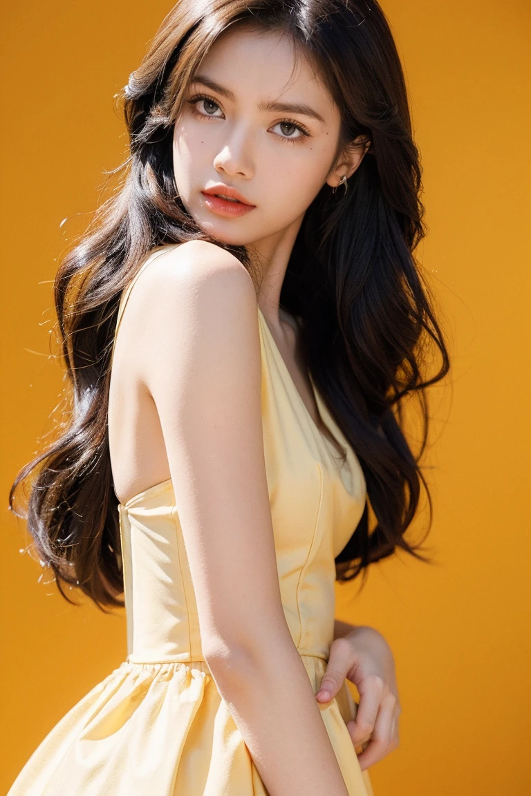 21yo girl, princess belle dress, yellow background