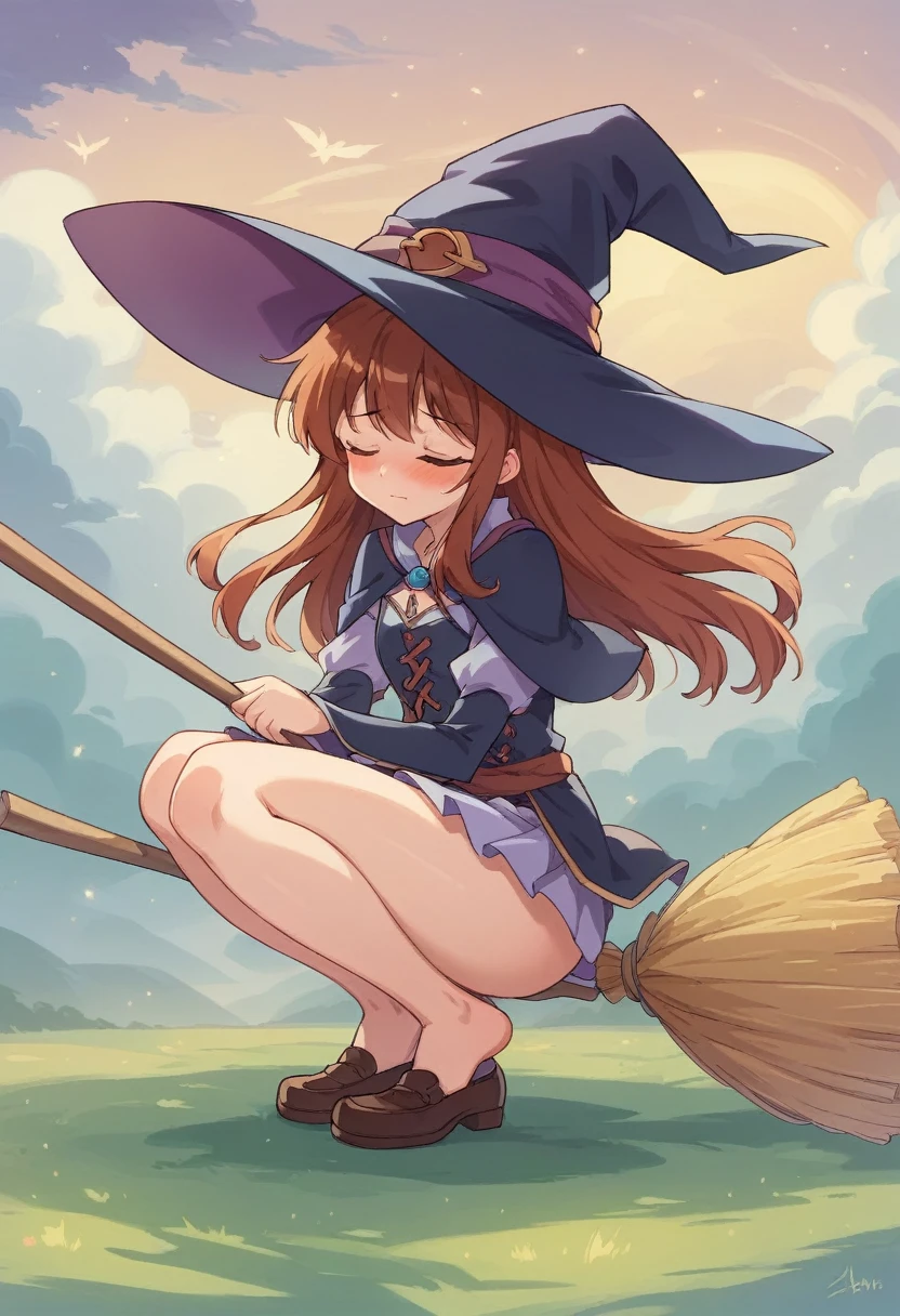 ((((空を飛ぶwitch))),((Ride a broom)),(Straddling a broom),Fantasy,Beautiful light and shadow,Anatomically correct,masterpiece,Highest quality,最高masterpiece,8K,Use of magic,witch:witchの帽子:witchの衣装:Familiar,Wind,Fantasy,wonderful,An illustration,Digital Art,wonderful,wonderful,カラーAn illustration,Rich colors,(Blushing),(Eyes closed),(Mouth closed),(Holding the broom tightly with both hands),(slightly squatting),(Both feet are on the ground),(Both feet are wearing shoes),（ The broom handle is connected by a single piece）,(The tips of the broom face backwards)