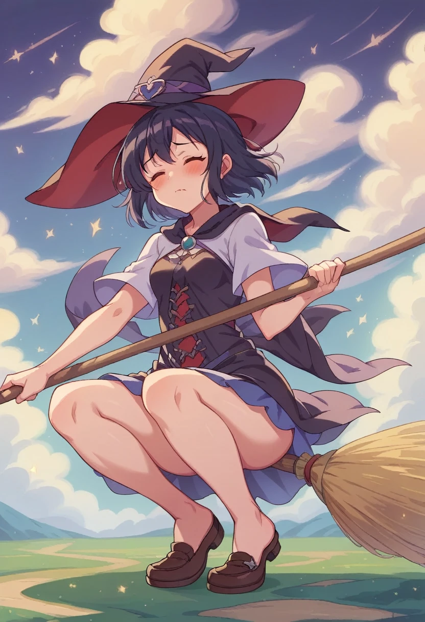 ((((空を飛ぶwitch))),((Ride a broom)),(Straddling a broom),Fantasy,Beautiful light and shadow,Anatomically correct,masterpiece,Highest quality,最高masterpiece,8K,Use of magic,witch:witchの帽子:witchの衣装:Familiar,Wind,Fantasy,wonderful,An illustration,Digital Art,wonderful,wonderful,カラーAn illustration,Rich colors,(Blushing),(Eyes closed),(Mouth closed),(Holding the broom tightly with both hands),(slightly squatting),(Both feet are on the ground),(Both feet are wearing shoes),（ The broom handle is connected by a single piece）,(The tips of the broom face backwards)