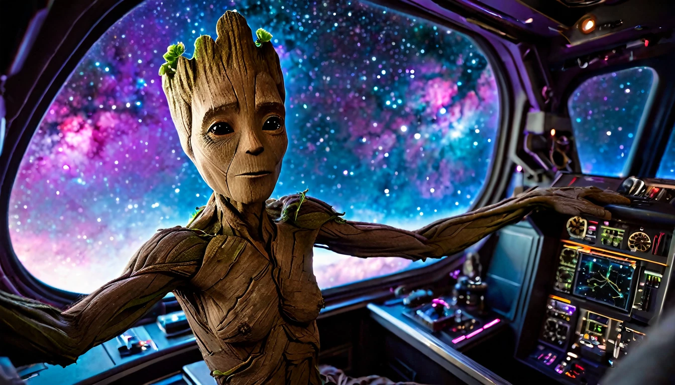 Groot, looking towards the horizon, from the cockpit of a spaceship, towards the cosmos made up of violet nebulae and galaxy colors, very detailed image, sharp focus, studio photography, xf iq 4, 1 5 0 0 0 0 0 0 0 0 mp, 5 0 mm, iso 2 0 0 0 0, 1/ 1 6 0 0 0 s, realistic, natural light, octane rendering, adobe lightroom, photorealistic, thirds resolution, symmetric balance, depth layers, polarizing filter , . ..., hd, color optics, ..., hd, opaque color, masterpiece, ..., masterpiece, ..., hd, opaque color, masterpiece