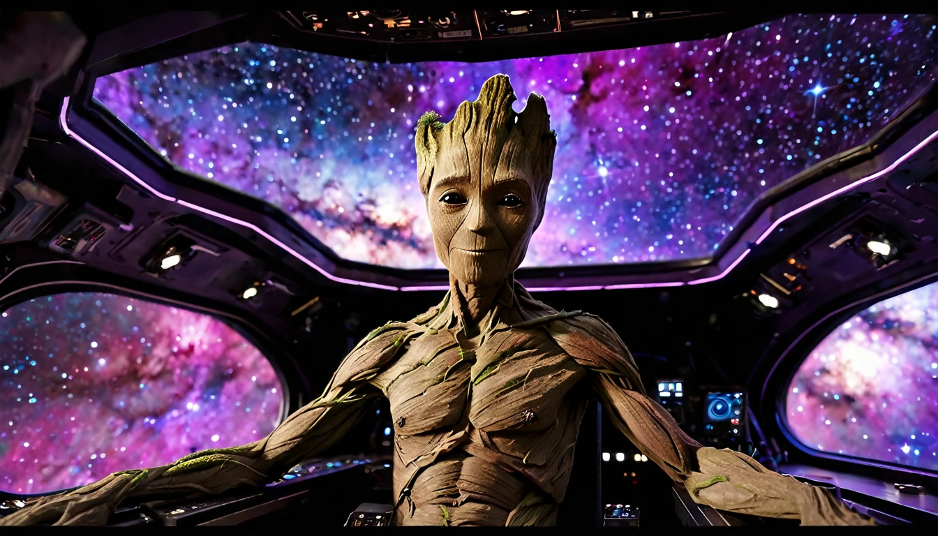 Groot, looking towards the horizon, from the cockpit of a spaceship, towards the cosmos made up of violet nebulae and galaxy colors, very detailed image, sharp focus, studio photography, xf iq 4, 1 5 0 0 0 0 0 0 0 0 mp, 5 0 mm, iso 2 0 0 0 0, 1/ 1 6 0 0 0 s, realistic, natural light, octane rendering, adobe lightroom, photorealistic, thirds resolution, symmetric balance, depth layers, polarizing filter , . ..., hd, color optics, ..., hd, opaque color, masterpiece, ..., masterpiece, ..., hd, opaque color, masterpiece