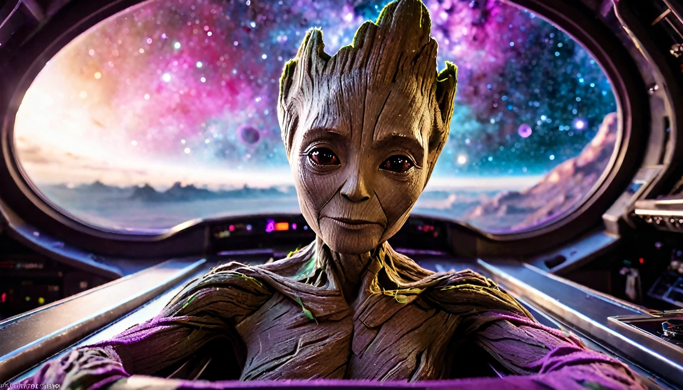 Groot, looking towards the horizon, from the cockpit of a spaceship, towards the cosmos made up of violet nebulae and galaxy colors, very detailed image, sharp focus, studio photography, xf iq 4, 1 5 0 0 0 0 0 0 0 0 mp, 5 0 mm, iso 2 0 0 0 0, 1/ 1 6 0 0 0 s, realistic, natural light, octane rendering, adobe lightroom, photorealistic, thirds resolution, symmetric balance, depth layers, polarizing filter , . ..., hd, color optics, ..., hd, opaque color, masterpiece, ..., masterpiece, ..., hd, opaque color, masterpiece