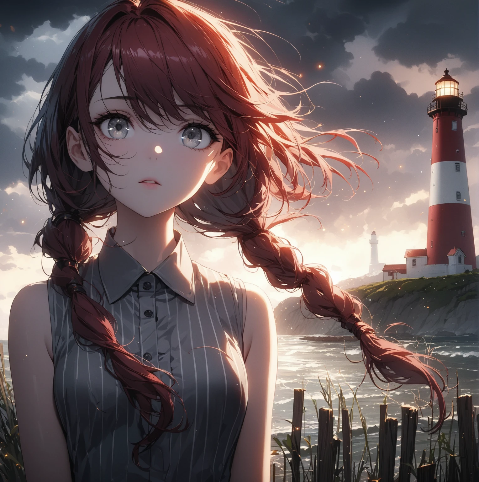 (masterpiece:1.2, Best Quality), (finely detailed beautiful eyes: 1.2), (beautiful detailed face), High contrast, (Best Illumination, extremely delicate and beautiful), ((Cinematic Light)), Highest Quality, masterpiece, light particles, close up of young woman standing in front of lighthouse before storm, gray eyes, dark red hair in low twin tails, swept bangs, eyelashes,  stoic, gray sleeveless collared shirt with white vertical stripes, upper body, small breasts, toned arms, weeds, coast, drizzle, dark clouds, dark atmosphere, slate colors, light particles, highest quality, masterpiece
