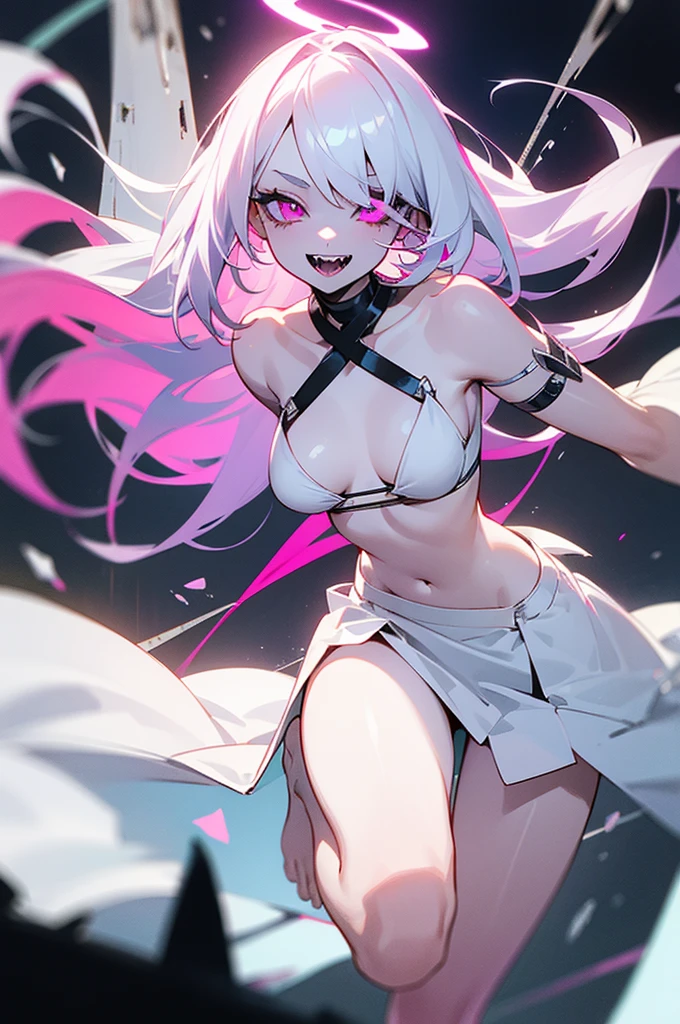 1girl,solo,glowing magenta eye,colored sclera,white hair, long hair,hair over one eye,halo pink, sharp teeth, open mouth,white bra,white bikini,hidden arms, white skirt,bare feet,(villain smile,psychopath,pale skin,extremy white skin,),floating in front a stones ruins in night,(masterpiece,hd,best quality,8k,detailed face)