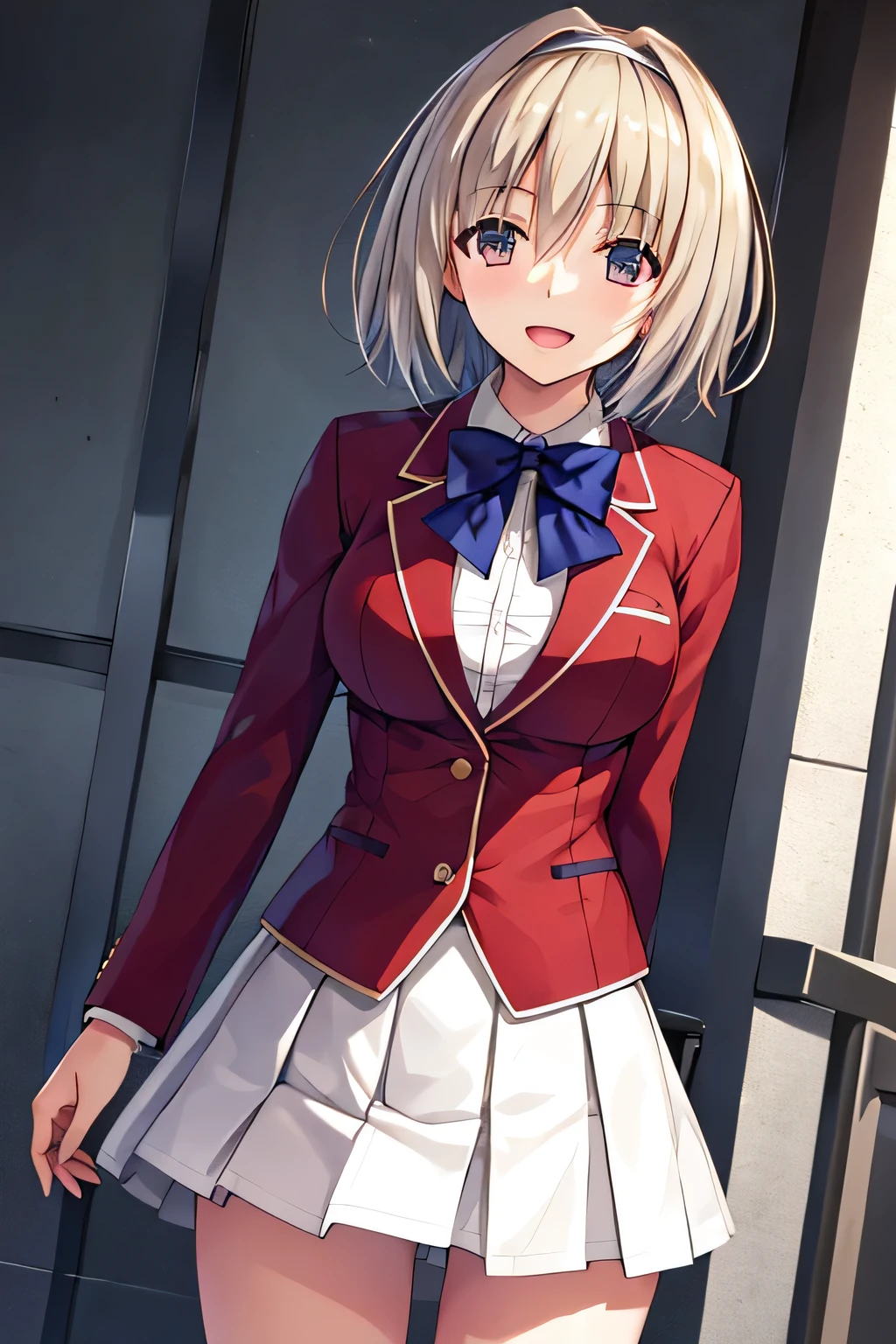 masterpiece, Highest quality, High resolution, Akio, short hair, Hair Intake, White hair band, Blue bow tie, Collared shirt, blazer, Red jacket, Long sleeve, White Skirt, Pleated skirt, Black socks, Cowboy Shot, Are standing, Outdoor, straight, Place your arms at your sides, smile, Open your mouth,