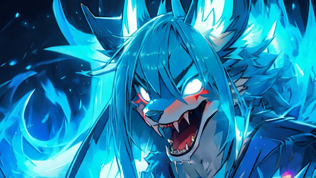 Miku Hatsune, agregar alta definición_detalle:1, pelaje azul,Orejas de Kitsune, tatuaje tribal agregar_detalle:1, in hell add_detail, diabolic girl, batwigns add_detail Ferocious fangs,drooling fangs add_detail:1, sharp fangs, demon yokai kitsune add_detail:1