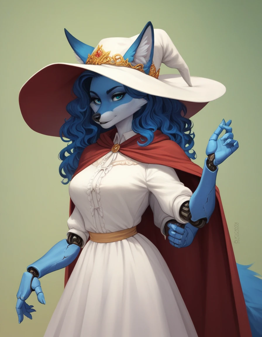 masterpiece, best quality, 1girl, solo, an Anthro furry blue fox girl, fox snout, black nose, IncrsXLRanni, wavy hair, cracked skin, colored skin, blue fur, extra arms, four arms, doll joints, white dress, hat, cloak, 