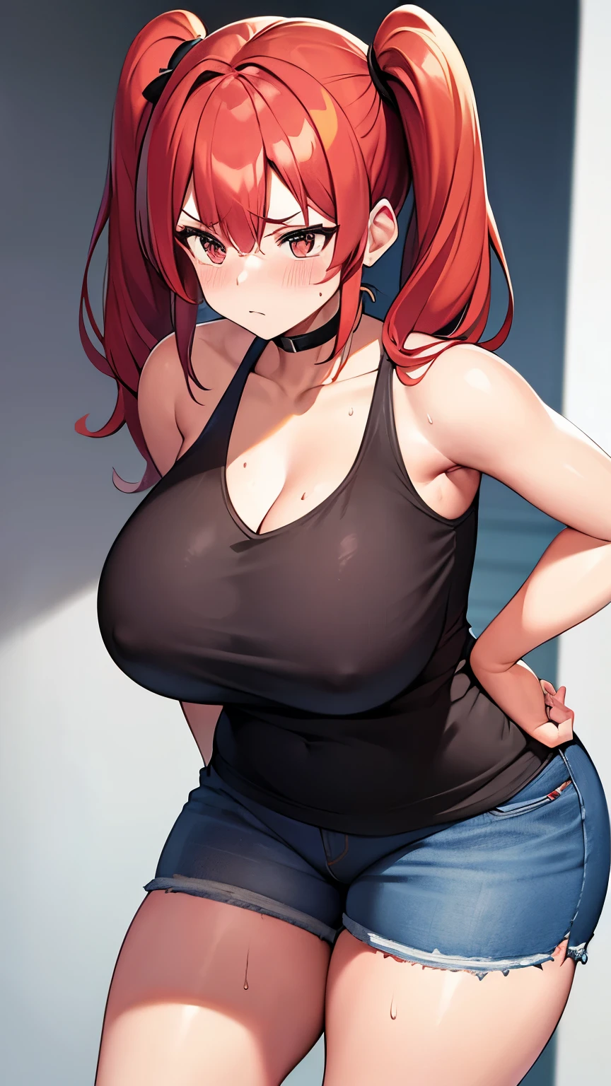 woman standing leaning forward,Red hair,Twin tails,Angry face,blush,Big Breasts,Thick thighs,Black top tube,Denim shorts,Cleavage,Sweaty,Hands on hips