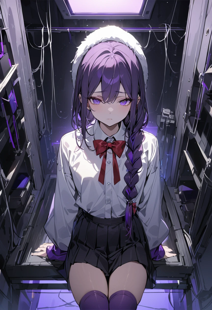 masterpiece, best quality, young woman, dark purple hair, very long single braid, bright purple eyes, white collared shirt, furisode sleeves, thin red bow tie with a diamond-shaped pin on the front of the bow under the collar, black high-waisted pleated skirt, dark purple high socks, white ear flap ushanka hat, calm, expressionless, dark room with a little bit of blue and purple light, wires hang haphazardly