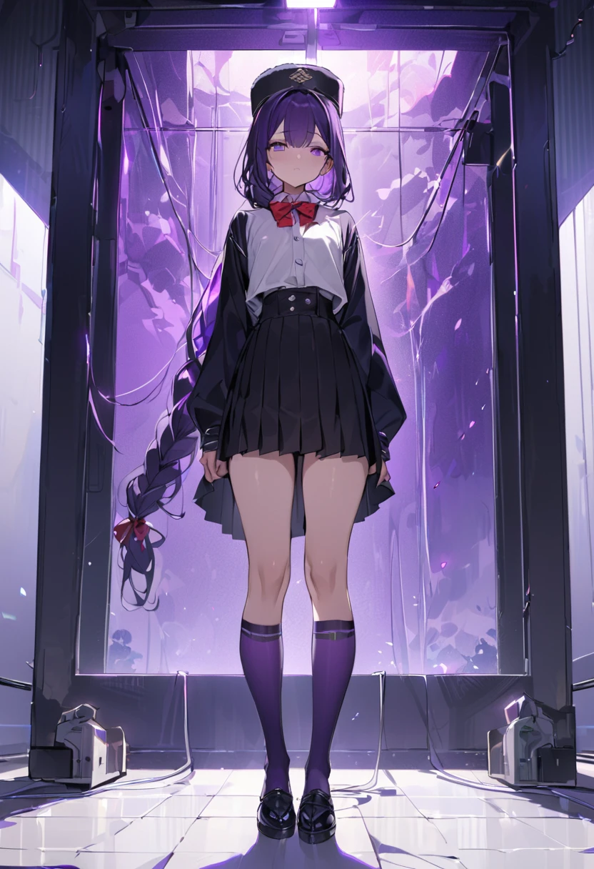 masterpiece, best quality, young woman, dark purple hair, very long single braid, bright purple eyes, white collared shirt, furisode sleeves, thin red bow tie with a diamond-shaped pin on the front of the bow under the collar, black high-waisted pleated skirt, dark purple high socks, white ear flap ushanka hat, calm, expressionless, dark room with a little bit of blue and purple light, wires hang haphazardly
