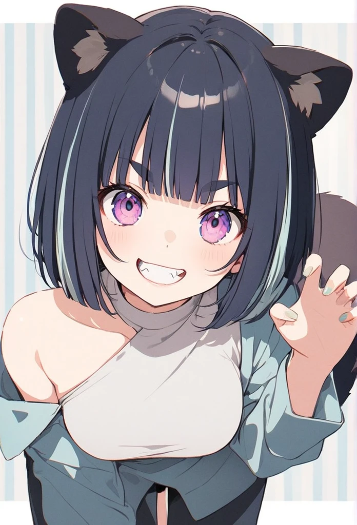 anime,(pale colors:1.8),long shot, 1girl, (on right:1.3), solo, cat mouth, dynamic angle, claw pose, grin, smile, opened mouth, all fours, fang, blue hair, bobcut, straight hair, racoon ears, racoon tail, (brown streaked hair:1.3), (blunt bangs) ,thick eyebrows, big breast, off shoulder clothes, cutout, striped background, shadow,