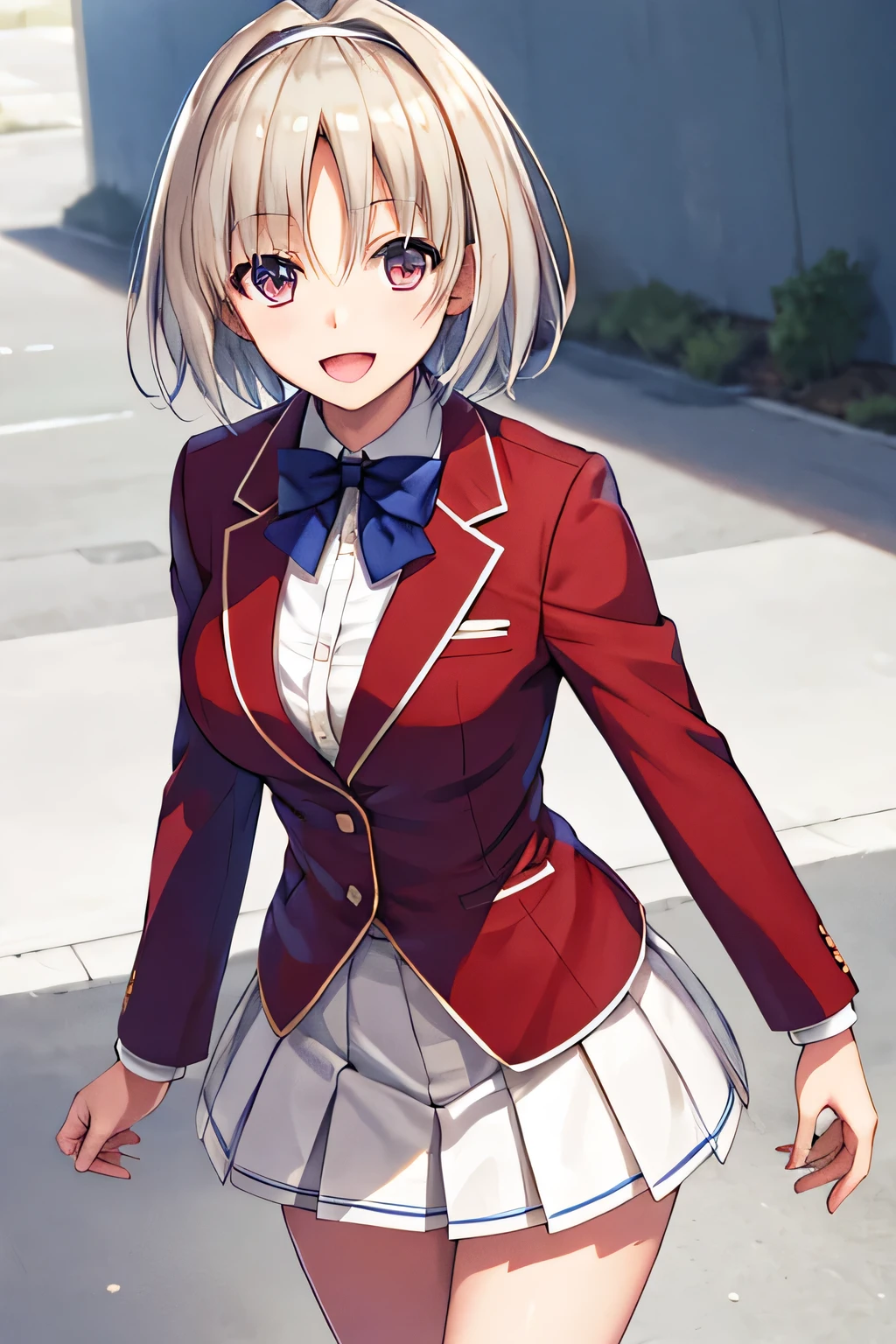 masterpiece, Highest quality, High resolution, Akio, short hair, Hair Intake, White hair band, Blue bow tie, Collared shirt, blazer, Red jacket, Long sleeve, White Skirt, Pleated skirt, Black socks, Cowboy Shot, Are standing, Outdoor, straight, Place your arms at your sides, smile, Open your mouth,