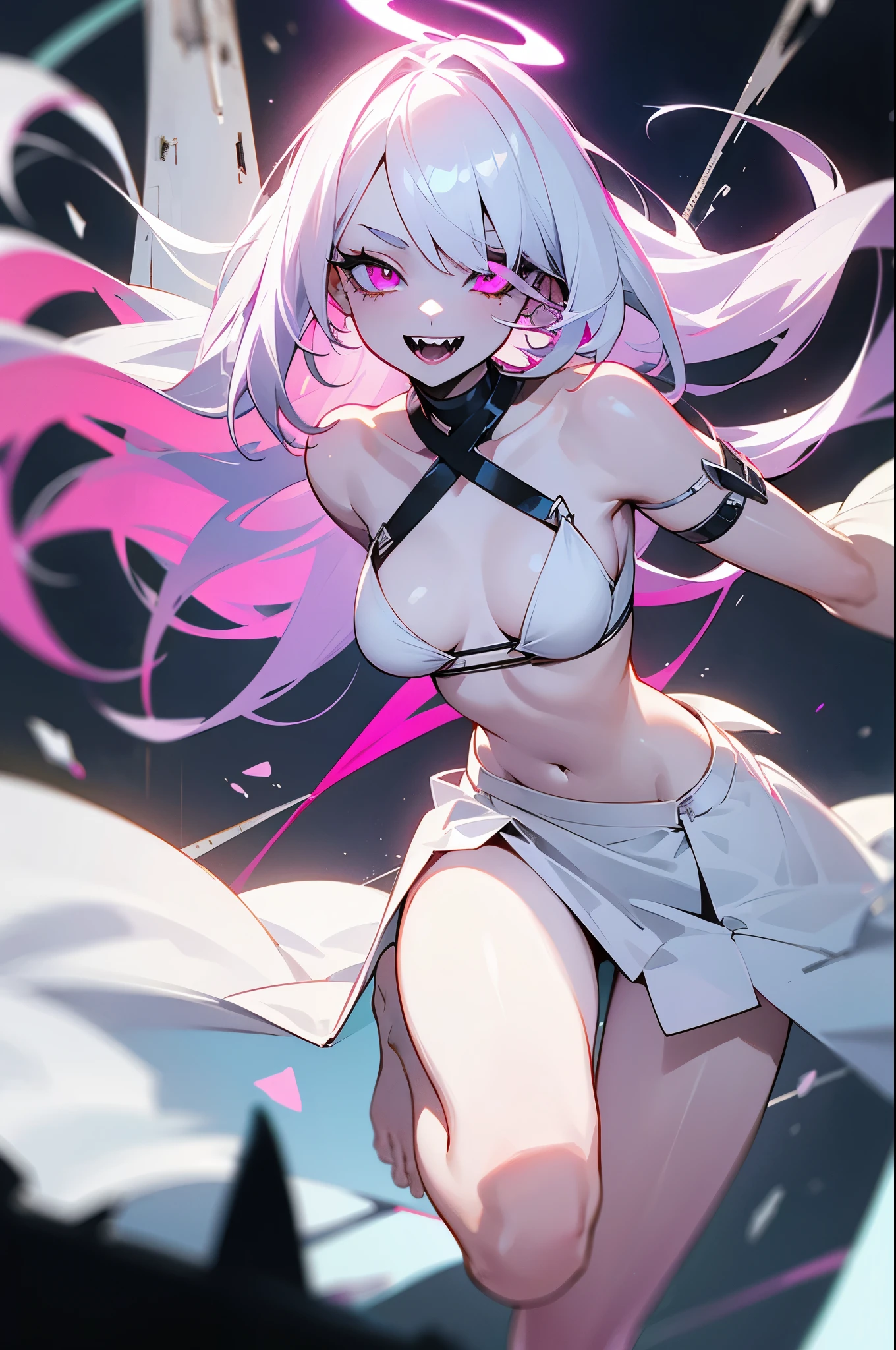 1girl,solo,glowing magenta eye,colored sclera,white hair, long hair,hair over one eye,halo pink, sharp teeth, open mouth,white bra,white bikini,hidden arms, white skirt,bare feet,(villain smile,psychopath,pale skin,extremy white skin,),floating in front a stones ruins in night,(masterpiece,hd,best quality,8k,detailed face)
