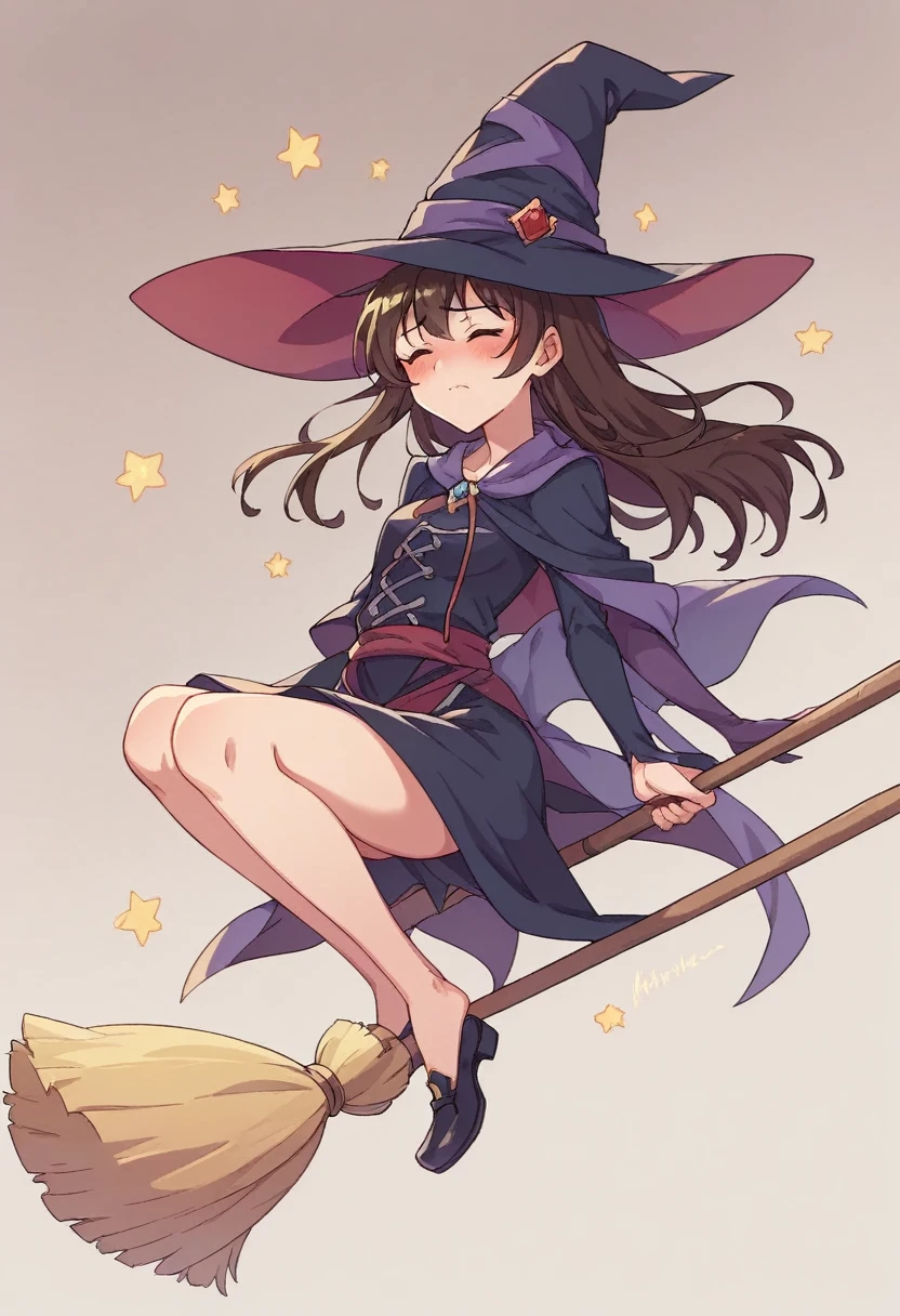 ((((空を飛ぶwitch))),((Ride a broom)),(Straddling a broom),Fantasy,Beautiful light and shadow,Anatomically correct,masterpiece,Highest quality,最高masterpiece,8K,Use of magic,witch:witchの帽子:witchの衣装:Familiar,Wind,Fantasy,wonderful,An illustration,Digital Art,wonderful,wonderful,カラーAn illustration,Rich colors,(Blushing),(Eyes closed),(Mouth closed),(Holding the broom tightly with both hands),(slightly squatting),(Both feet are on the ground),(Both feet are wearing shoes),（ The broom handle is connected by a single piece）,(The tips of the broom face backwards)