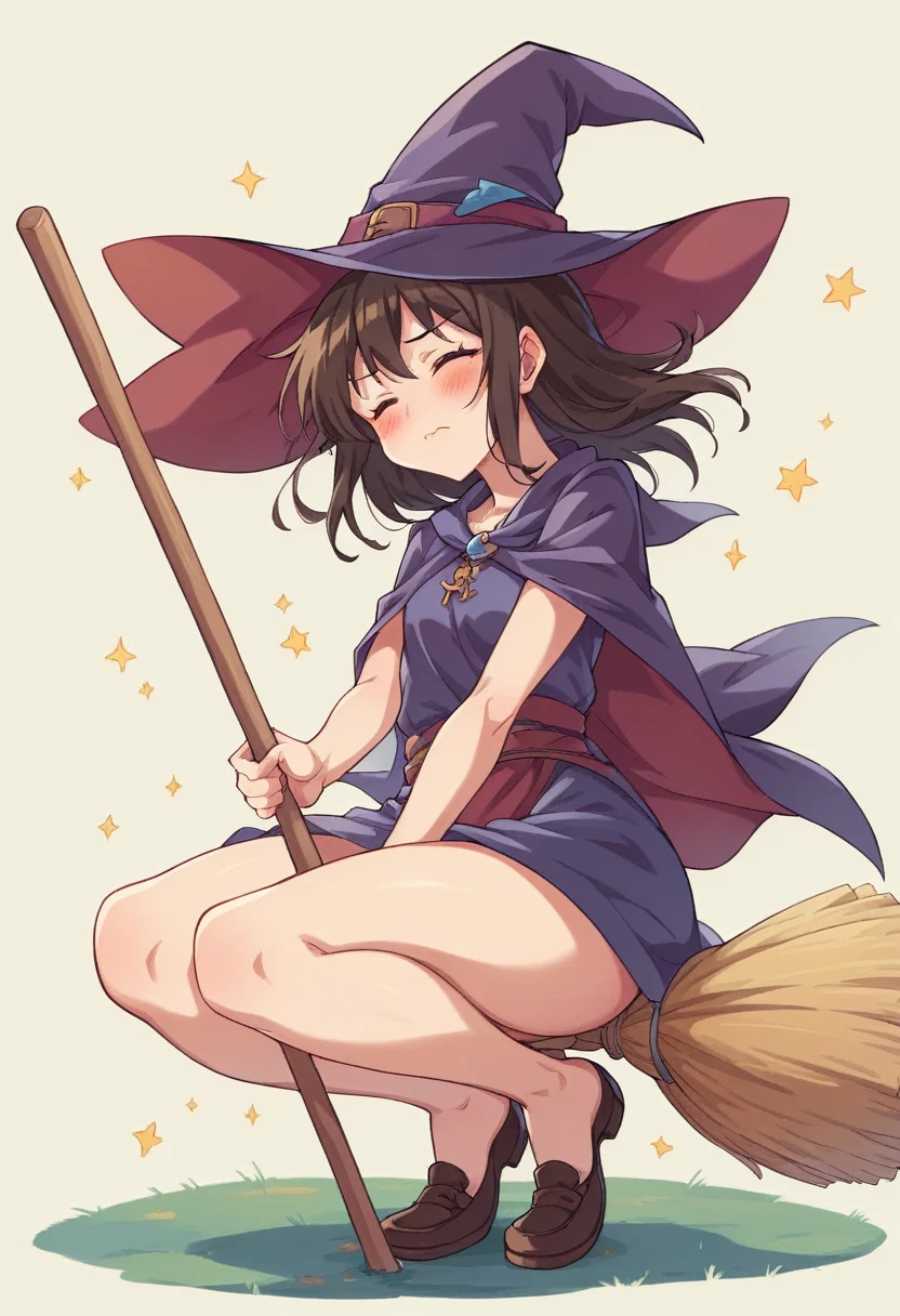 ((((空を飛ぶwitch))),((Ride a broom)),(Straddling a broom),Fantasy,Beautiful light and shadow,Anatomically correct,masterpiece,Highest quality,最高masterpiece,8K,Use of magic,witch:witchの帽子:witchの衣装:Familiar,Wind,Fantasy,wonderful,An illustration,Digital Art,wonderful,wonderful,カラーAn illustration,Rich colors,(Blushing),(Eyes closed),(Mouth closed),(Holding the broom tightly with both hands),(slightly squatting),(Both feet are on the ground),(Both feet are wearing shoes),（ The broom handle is connected by a single piece）,(The tips of the broom face backwards)