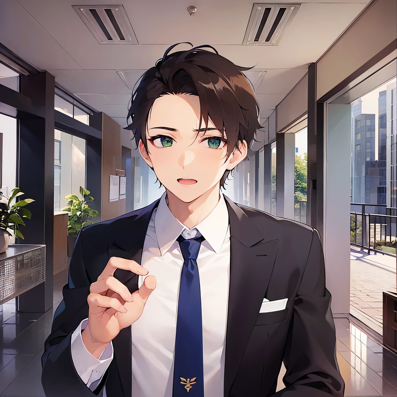 BREAK (25-year-old male:1.5) and (Mahogany brown short hair) and (Green Eyes) BREAK (white collared shirt) and (Blue tie)、(looking at viewer:1.5),Side shot masterpiece、Highest quality、
Are standing、surprised,blush, The background is the office lobby.、(alone:1.5),open mouth