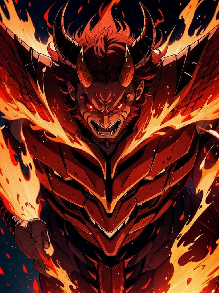 A fire demon, wings of fire, huge horns, red skin with red body hair, crimson red eyes, its intimidating appearance, make an Ifrit fire demon, body hair, bestial, hell.