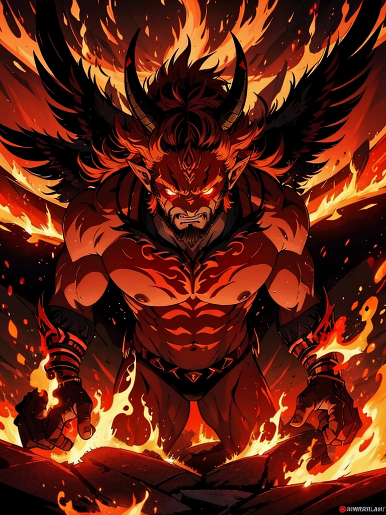 A fire demon, wings of fire, huge horns, red skin with red body hair, crimson red eyes, its intimidating appearance, make an Ifrit fire demon, body hair, bestial, hell.