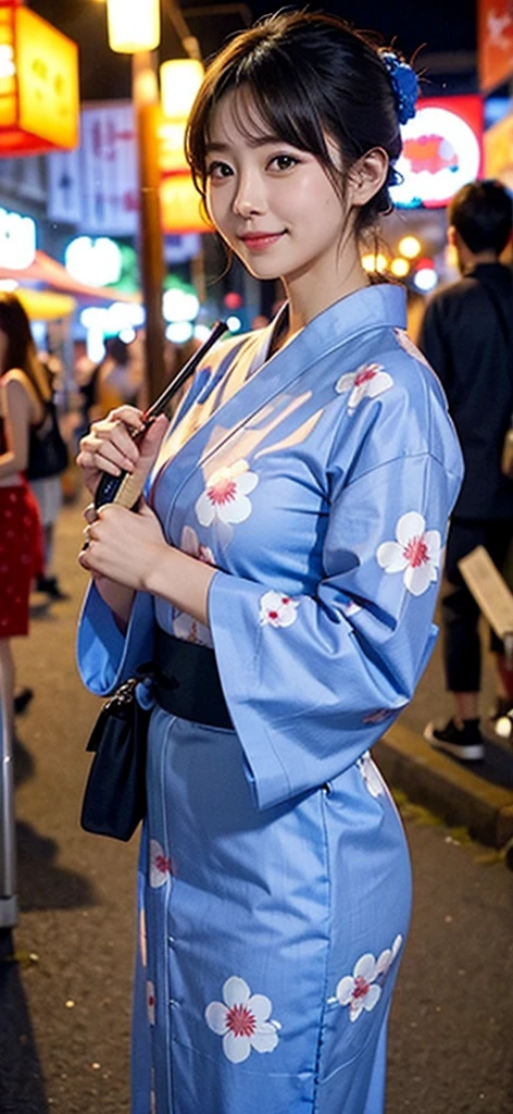 A woman wearing a yukata enjoying a summer festival in the evening。