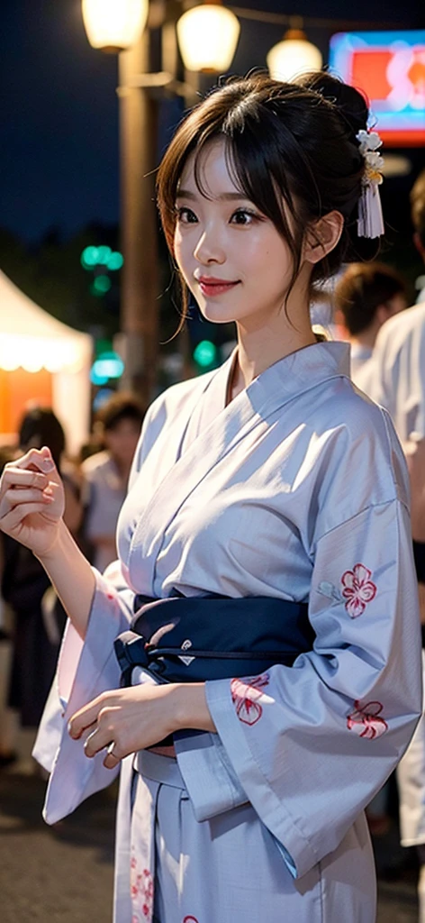 A woman wearing a yukata enjoying a summer festival in the evening。