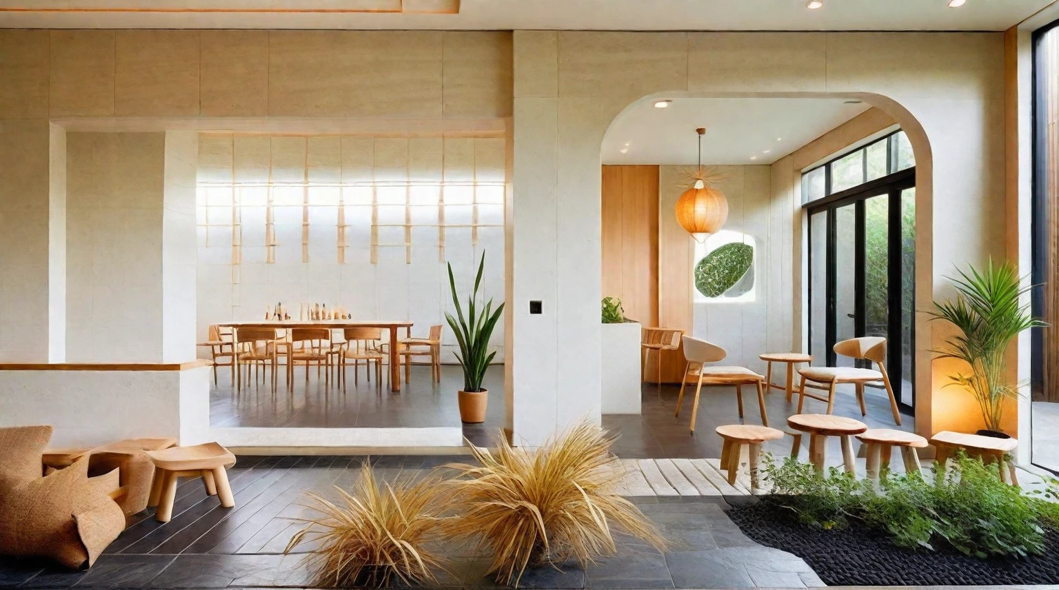 A Muji style living room featuring a reception bar area with high stools. The space has a neutral color palette of whites, beiges, and natural wood tones. It includes a flat ceiling with evenly spaced recessed downlights. The reception bar area has a wooden counter and high stools. The living room features a low-profile sofa, wooden coffee table, wall-mounted shelves, large windows with wooden blinds, potted plants, full of rustic handmade decor, and an accent wall with artistic tile or stone cladding. The design emphasizes functionality and simplicity, with a focus on natural materials and a serene color palette. The layout is open and spacious, promoting a sense of calm and relaxation. The overall look is modern yet warm, with an emphasis on comfort, natural beauty, and handmade elements. ((8k)), high quality detail, minimalist design, neutral color palette, natural materials, clean lines, serene and functional, modern Japanese aesthetic, flat ceiling, recessed downlights, wooden reception bar, high stools, low-profile sofa, wooden coffee table, wall-mounted shelves, large windows, wooden blinds, potted plants, handmade decor, artisanal elements, artistic tile or stone accent wall, natural light, uncluttered, open layout, traditional Japanese wall hangings, paper lanterns.