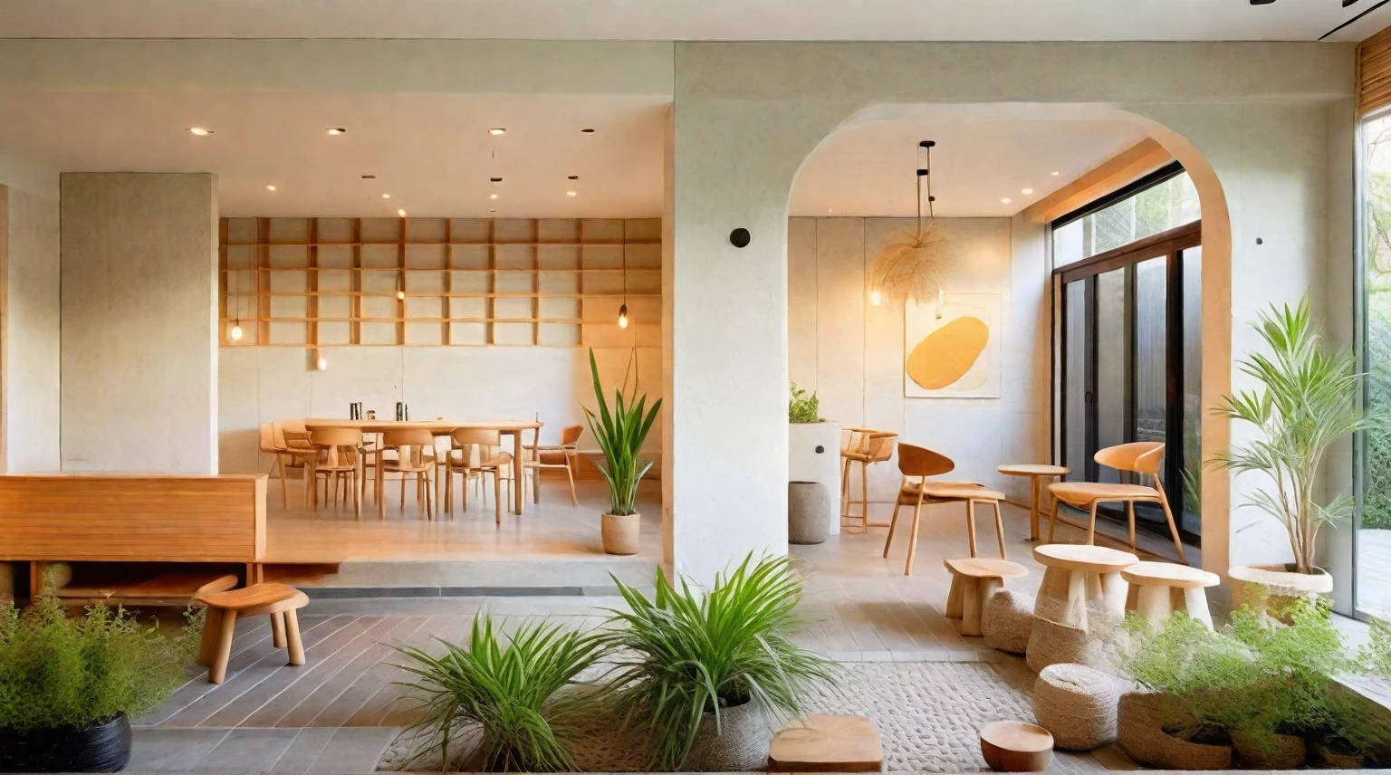 A Muji style living room featuring a reception bar area with high stools. The space has a neutral color palette of whites, beiges, and natural wood tones. It includes a flat ceiling with evenly spaced recessed downlights. The reception bar area has a wooden counter and high stools. The living room features a low-profile sofa, wooden coffee table, wall-mounted shelves, large windows with wooden blinds, potted plants, full of rustic handmade decor, and an accent wall with artistic tile or stone cladding. The design emphasizes functionality and simplicity, with a focus on natural materials and a serene color palette. The layout is open and spacious, promoting a sense of calm and relaxation. The overall look is modern yet warm, with an emphasis on comfort, natural beauty, and handmade elements. ((8k)), high quality detail, minimalist design, neutral color palette, natural materials, clean lines, serene and functional, modern Japanese aesthetic, flat ceiling, recessed downlights, wooden reception bar, high stools, low-profile sofa, wooden coffee table, wall-mounted shelves, large windows, wooden blinds, potted plants, handmade decor, artisanal elements, artistic tile or stone accent wall, natural light, uncluttered, open layout, traditional Japanese wall hangings, paper lanterns.