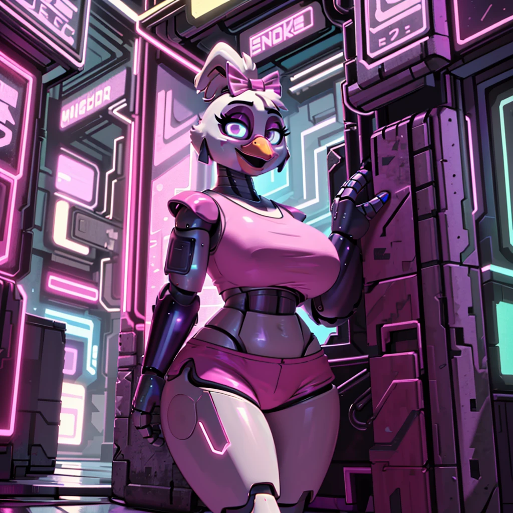 (masterpiece), ((perfect anatomy)), (high Res), (4k), Chicken, huge breast, wide hips, (robot), (animatronic), (((pink shirt))), (((pink shorts))), happy, ponytail, ((((cyberpunk artstyle)))), (((solo))), narrow waist